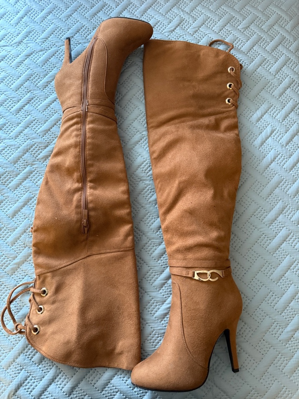 Over-the-Knee Suede Stiletto Boots in Cognac